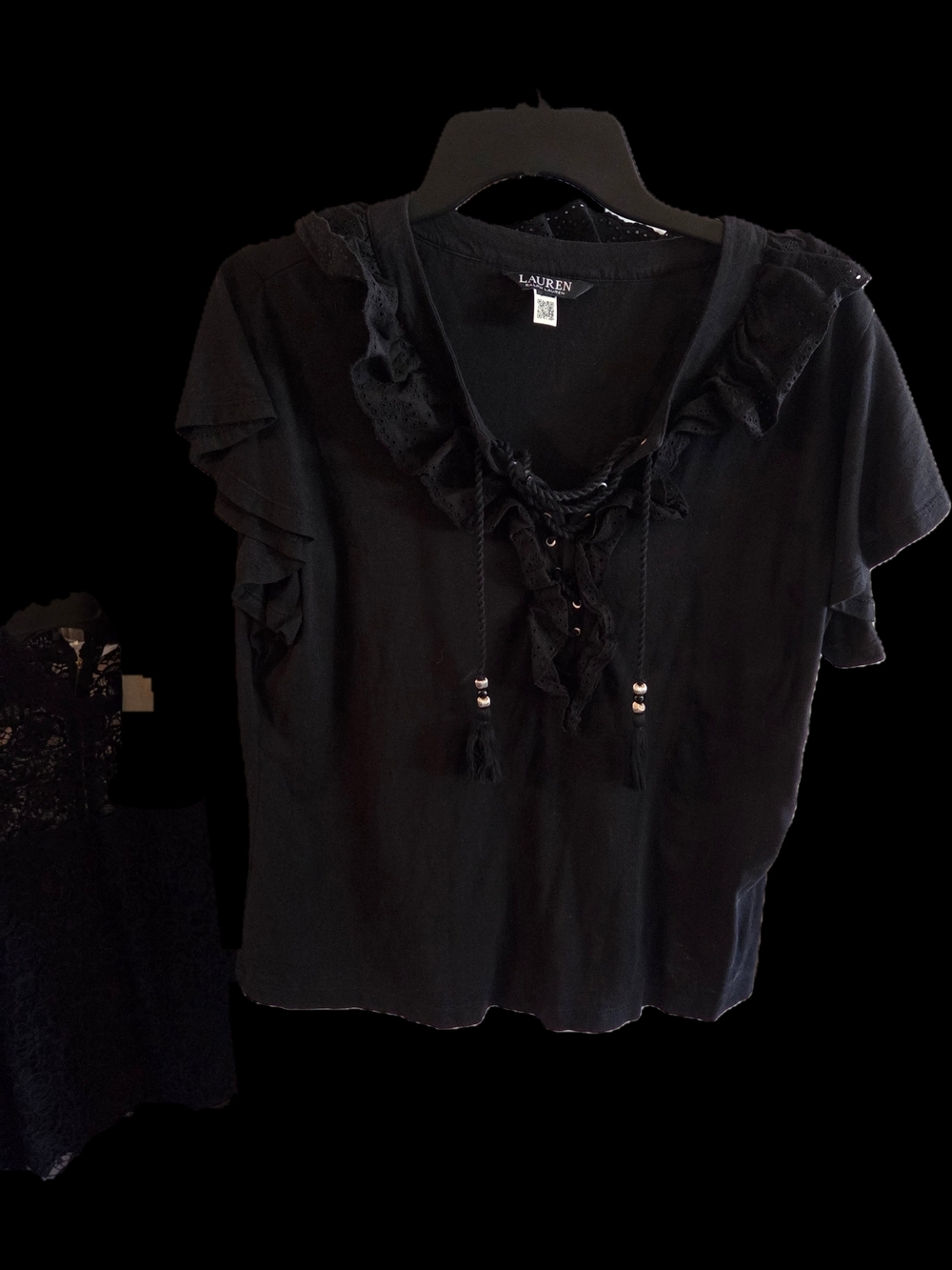 Ralph Lauren Black Ruffled V-Neck Tassel Short Sleeve Top